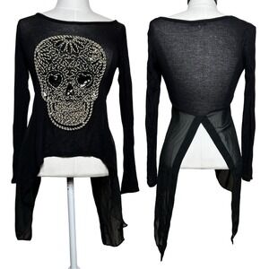 Y2K VTG Body Central Black Long Sleeve Skull Embellished Sheer Tunic Top Women M